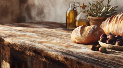 Artisan bread selection on rustic wooden table with olive oil and fresh herbs showcasing a culinary scene perfect for food blogs and gastronomic publications creating a warm