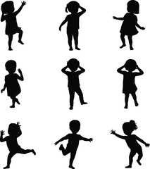 Collection of nine black silhouettes of young girls in various playful poses on a white background child