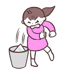 怒ってゴミ箱に捨てる女性のイラスト