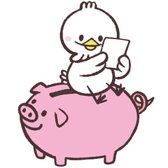 かわいいブタの貯金箱に乗る白い鳥のイラスト