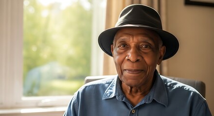 Portrait of a senior African American man wearing a hat.