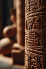 Detailed carvings of Egyptian temple walls and relics 
