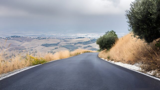 asphalt. Panoramic view of an empty road under cloudy skies, capturing a serene and open landscape. travel magazines, destination branding, designed for outdoor magazines and nature guides.