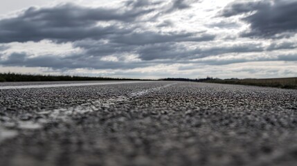 asphalt. Panoramic view of an empty road under cloudy skies, capturing a serene and open landscape. travel magazines, destination branding, designed for outdoor magazines and nature guides.