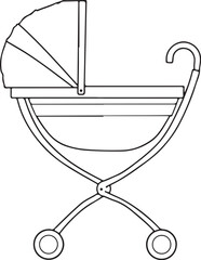 Baby Stroller Simple Doodle Sketch Drawing Vector Illustration, Black and White Line Linear Art, Isolated