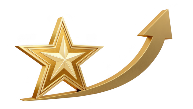 Golden star with upward arrow isolated on transparent background