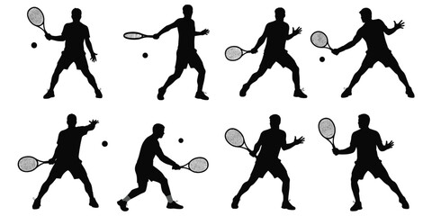 Eight black silhouettes of a male tennis player in action poses with racquets and balls on a white background