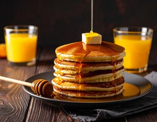 Homemade american pancakes with a small pat of butter on top, and honey. Healthy morning breakfast. rustic style