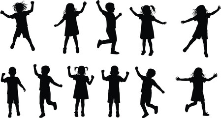 Energetic Silhouettes of Children Jumping and Playing on White Background kids happy