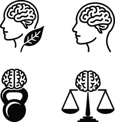 Symbolic Depictions of Mental Acuity and Well Being Mental Acuity Represented by Brain and Scale, Kettlebell, Nature and Human Head