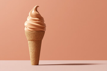 A simple, solitary frozen dessert cone with a smooth, beige swirl on a matching peach backdrop. Sweet tooth satisfaction in an image.