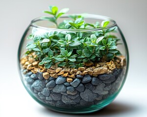 A clear glass bowl filled with small plants and various colored stones