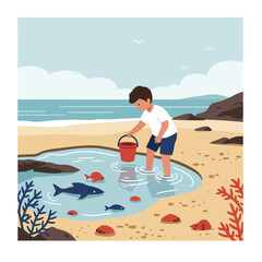 Boy on beach with bucket, fishes in tide pool, flat illustration style, ocean and sky view