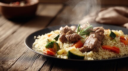 Rustic Plate of Libyan Couscous in Sunlight 
