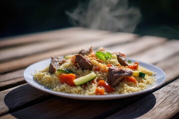 Rustic Plate of Libyan Couscous in Sunlight 
