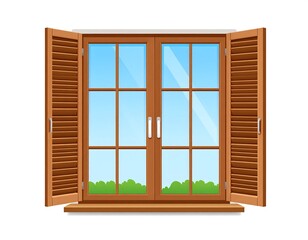 Illustration of a double-hung window with wooden shutters