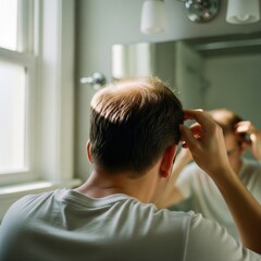 Man checking for thinning hair and hair loss in bathroom mirror