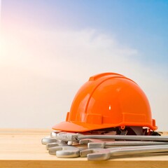Orange hardhat and tools on wooden surface