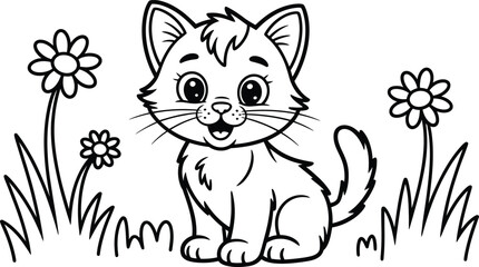 Cute Kitten Outline with Flowers Illustration for Coloring and Design