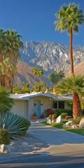 Sunny desert home nestled against a mountain backdrop