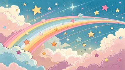 Pastel rainbow with stars and clouds in a dreamy sky background design