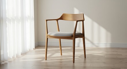 Modern Wooden Armchair with Light Grey Cushion in Sunlit Room