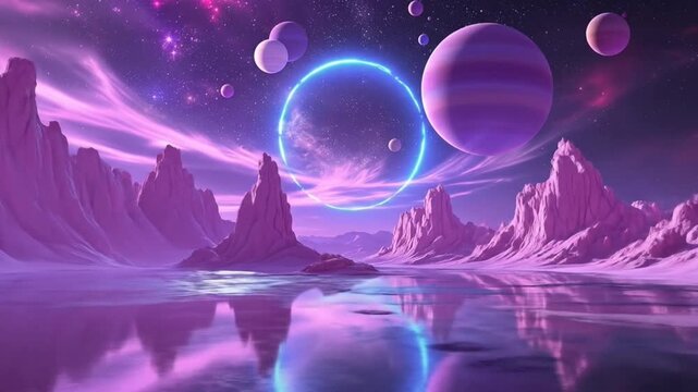 Surreal Alien Landscape with Planets and Ringed Nebula in a Dreamy Purple Haze