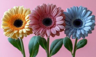 Three colorful gerbera daisies on a pink background.  Close-up, vibrant