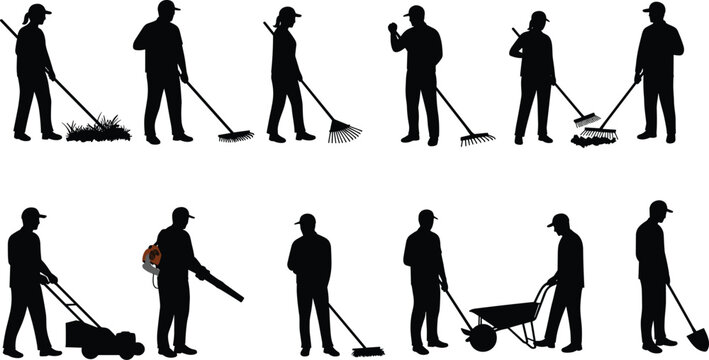 Silhouettes of people performing yard work with tools and equipment gardening