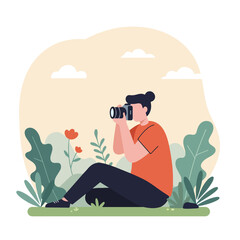 Flat illustration of a person taking photos in garden.