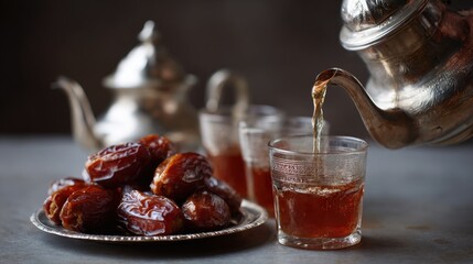 Traditional Mint Tea and Date Hospitality in Warm Sunlight 
