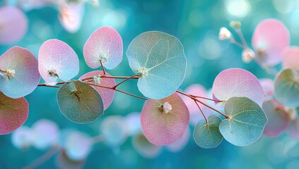 Fototapeta premium Delicate, pastel-hued leaves with translucent, circular shapes, arranged on a light teal background, create a dreamy, ethereal atmosphere.
