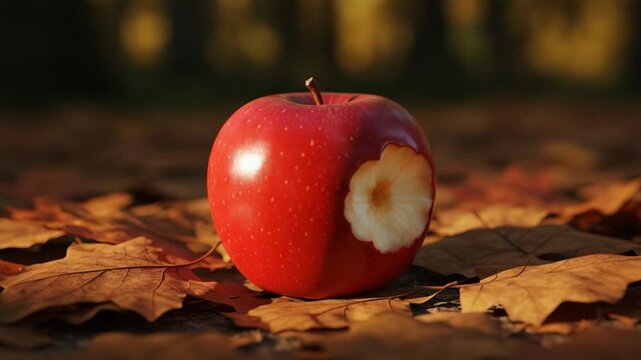 A Vibrant Red Apple with a Unique Bite Mark Set Against a Backdrop of Autumn Leaves, Capturing the Essence of Fall's Beauty and the Abundance of Nature