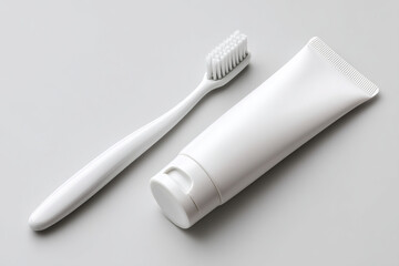 A clean, minimalistic image showcases oral hygiene essentials: a white toothbrush and a tube of toothpaste, against a neutral background.