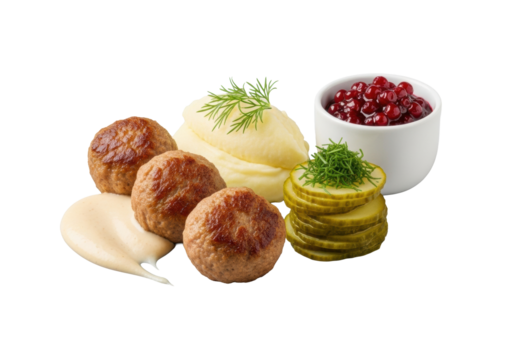 Three swedish meatballs, mashed potatoes, cream sauce, lingonberry preserves, and pickled cucumbers, isolated on transparent background, commercial product photography concept.