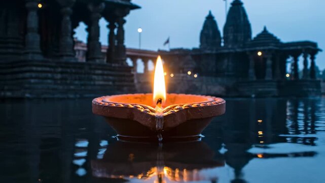 Single diya oil lamp glowing before temple pillars at dusk, serene spiritual ambiance and bokeh
