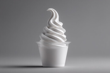 A swirled frozen dairy dessert in a clear plastic cup, against a gray background, is visually appealing and simple.