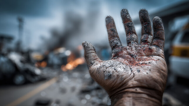 Burned hand reaching out amidst devastation with smoke rising from wrecked vehicles and debris on urban street reflecting chaos and destruction in afath of disaster.