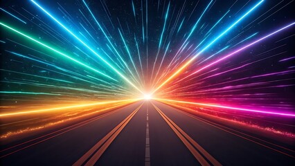 Vibrant neon light streaks converge on a dark road at high speed