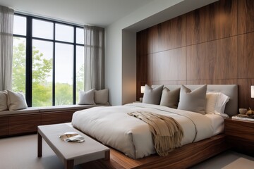 Fototapeta premium Contemporary minimalist sleeping area featuring a platform bed and integrated wooden headboard with gentle ambient lighting for a tranquil vibe
