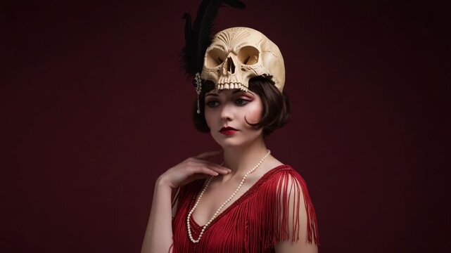 A Glamorous Woman in a Red Fringe Dress and Skull Headdress Poses Gracefully, Merging Elegance with a Touch of Edgy Mystery in an Ethereal Setting