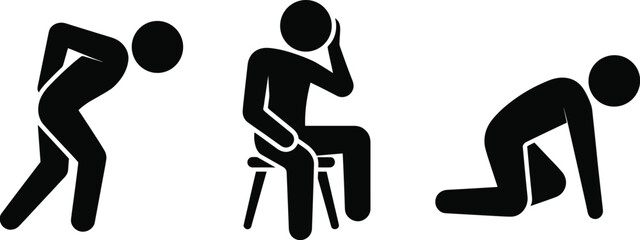 Three Black Stick Figure Icons Showing Pain or Discomfort Poses ache