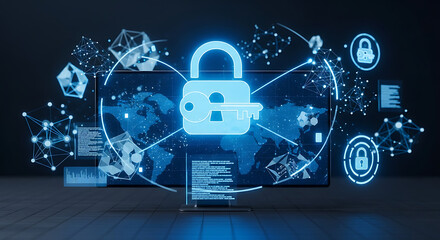 Digital security concept with padlock and key over world map on screen and network connections ai generated