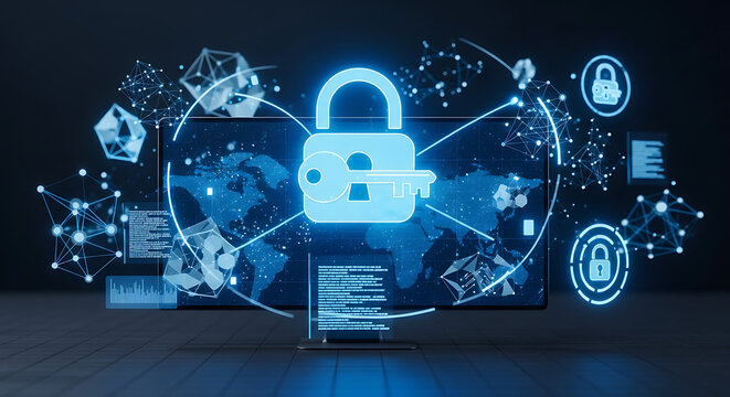 Digital security concept with padlock and key over world map on screen and network connections ai generated