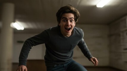 A Boy's Transition from Shock to Joy: Capturing the Emotional Journey in a Single Moment of Surprise and Laughter in an Atmospheric Environment