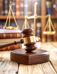 Law books, gavel, and scales of justice on a wooden table
