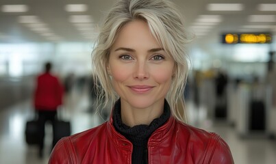 Woman in red jacket at an airport