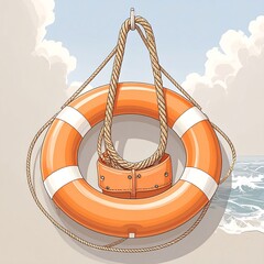Orange life preserver hanging by rope