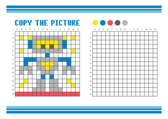 Copy the picture grid drawing worksheet for kids. Pixel art robot