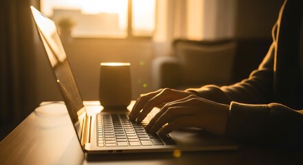 Person typing on a laptop in a warmly lit room, with a focus on hands and keyboard, creating a cozy and productive atmosphere